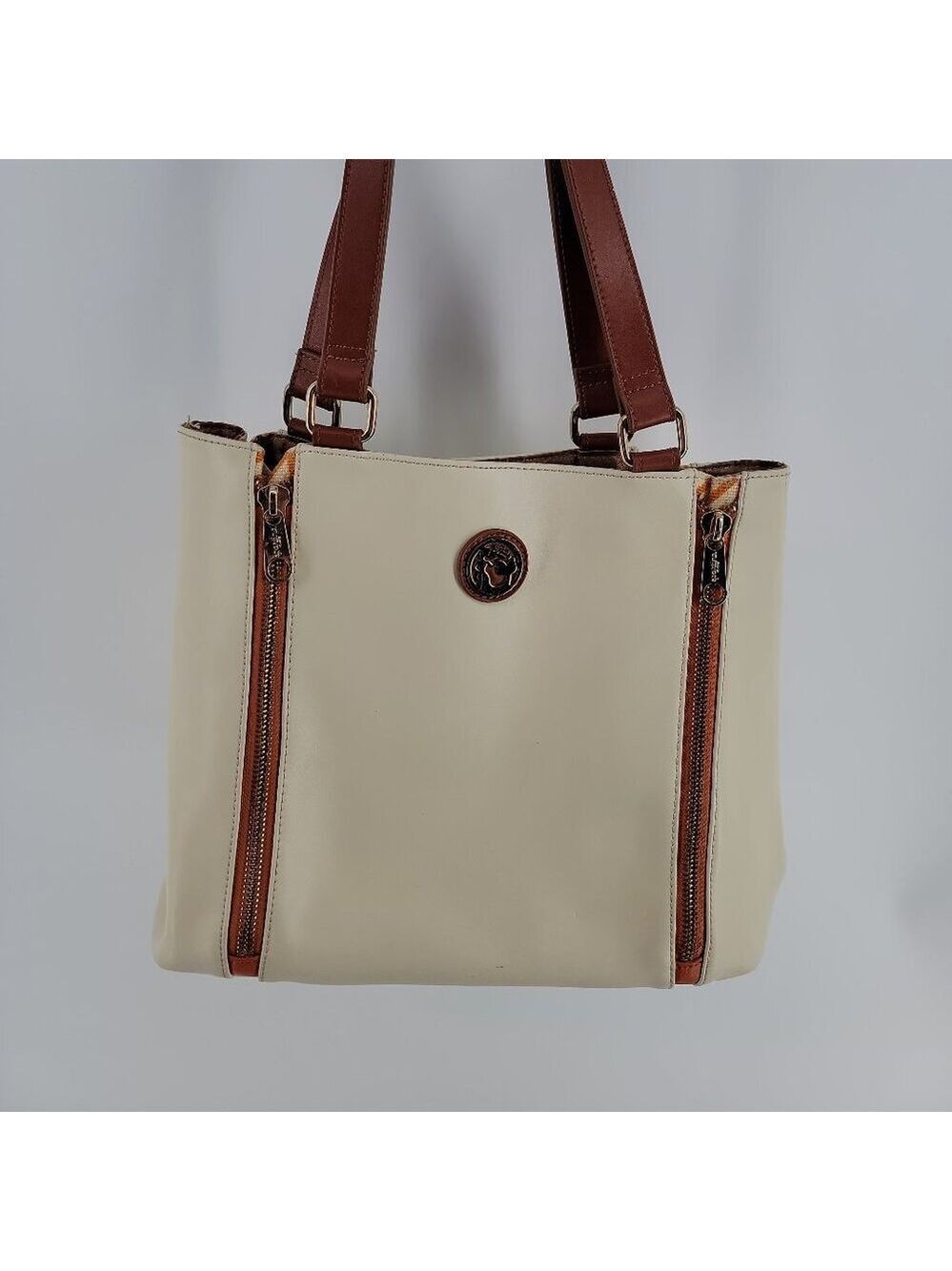 🌼 Spartina 449 Genuine Leather Expandable Tote – Cream & Caramel | Excellent - Picture 3 of 14